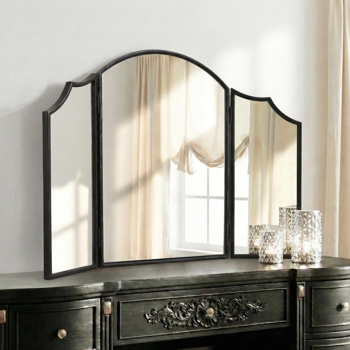Besdomus Black Scalloped Wall Mirror: 40"x29" Large Wooden Bathroom Mirror