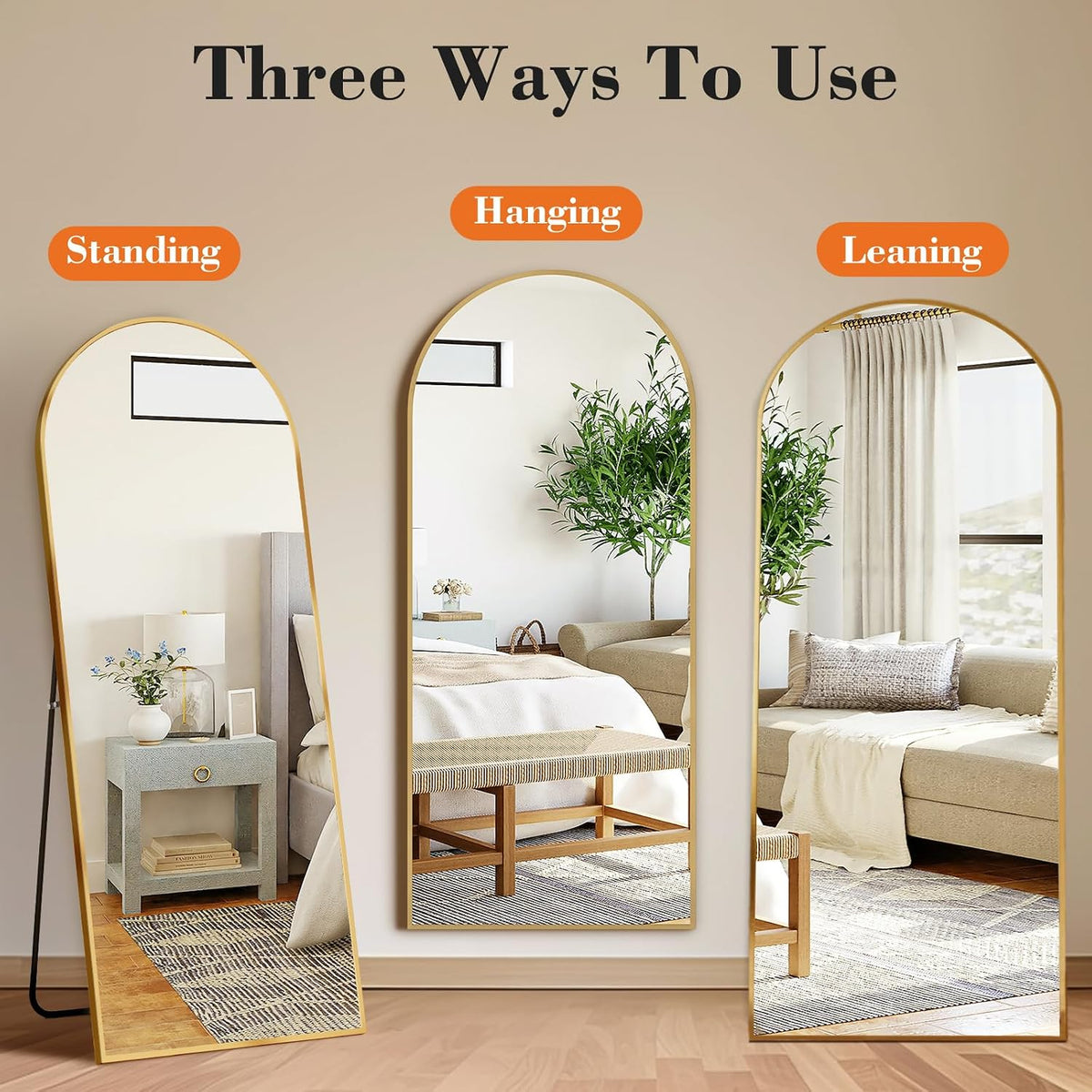DUMOS 64"x21" Arched Full Length Floor Mirror, Full Body Mirror, Gold