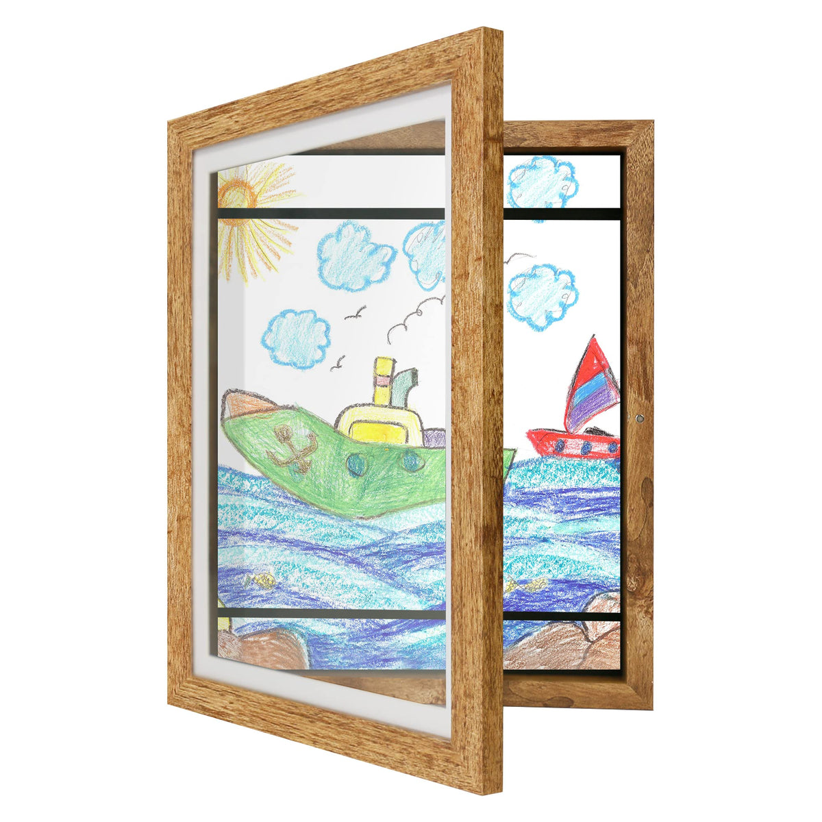 iRahmen Kids Art Frames 8.5x11 Set of 2 - Front Opening Childrens Picture Frame Changeable, Wood Artwork Display Storage for Wall Mount, Magnetic Door Holds 50 Art Pieces for Drawings, 3D Picture, Crafts, Portfolio, Brown