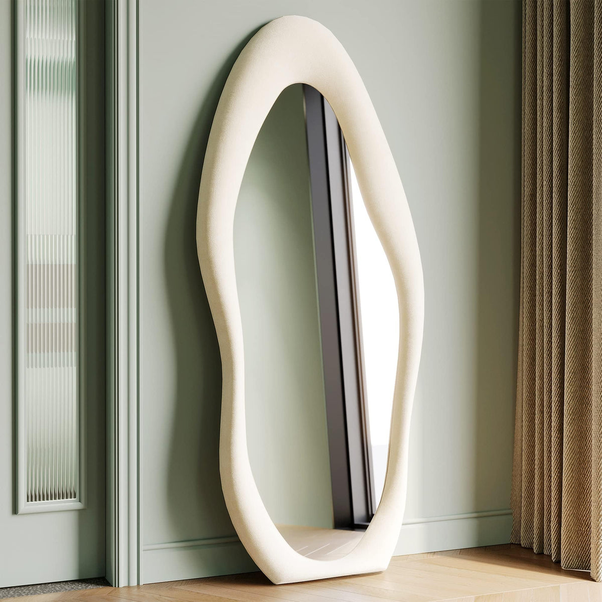 Honyee 55" x 24" Wall Mirror, Flannel Wrapped Wooden Frame Wavy Mirror, Irregular Mirror Hanging for Cloakroom/Bedroom/Living Room, Ivory White