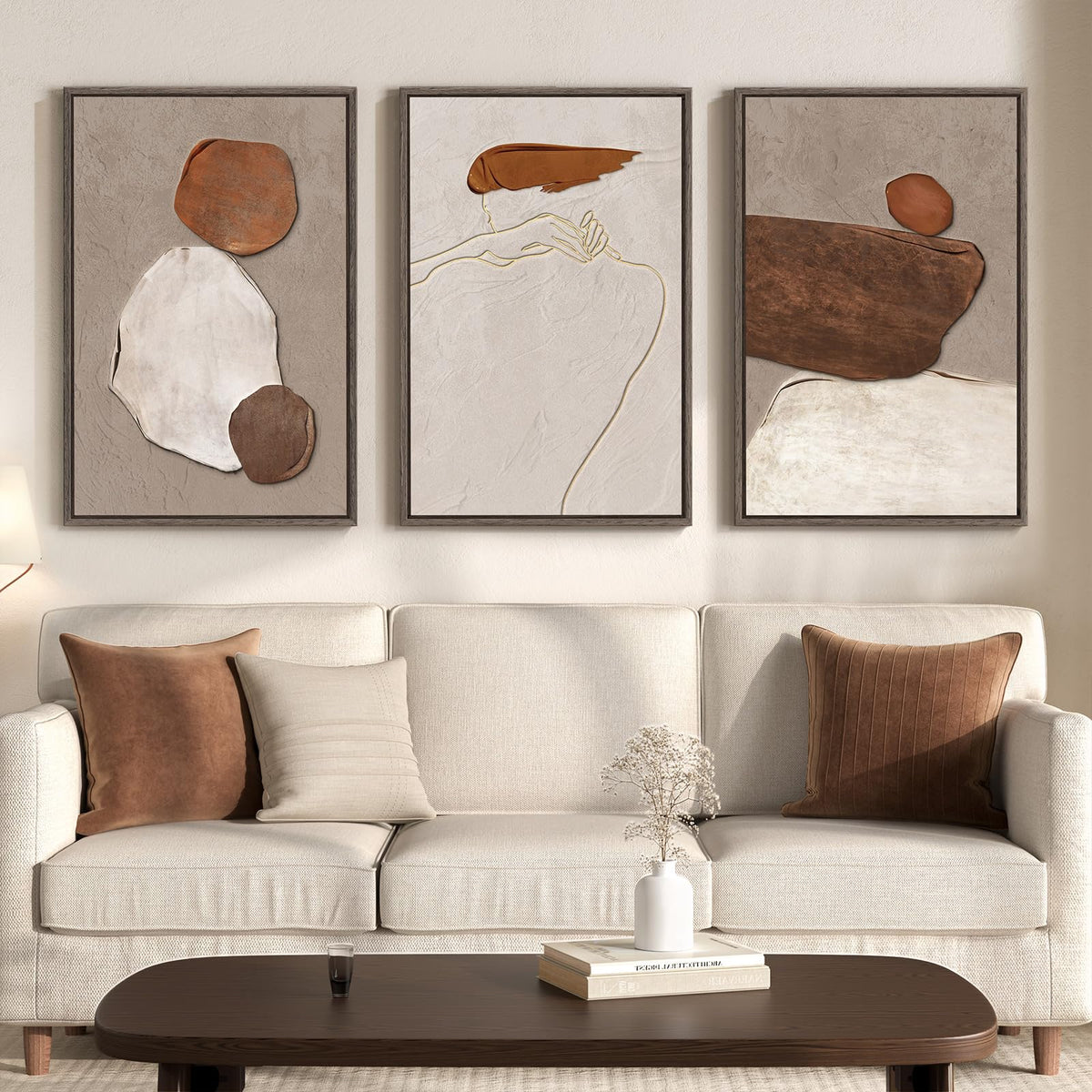 Framed Modern Minimalist Neutral Abstract Wall Art, Set of 3, Each 16x24 In
