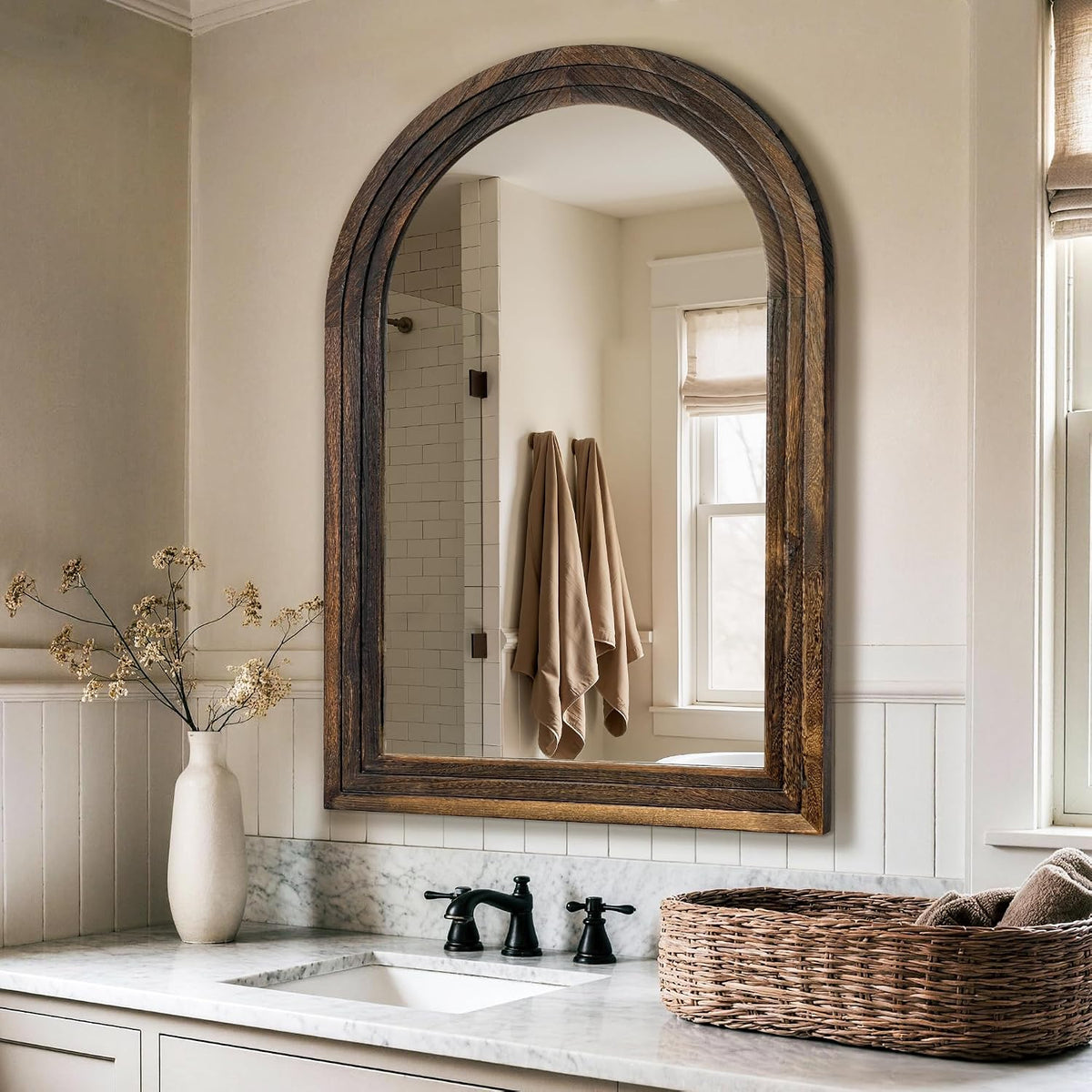 Arched Bathroom Mirror, 38"x26" Brown Wood Frame Wall Mirror