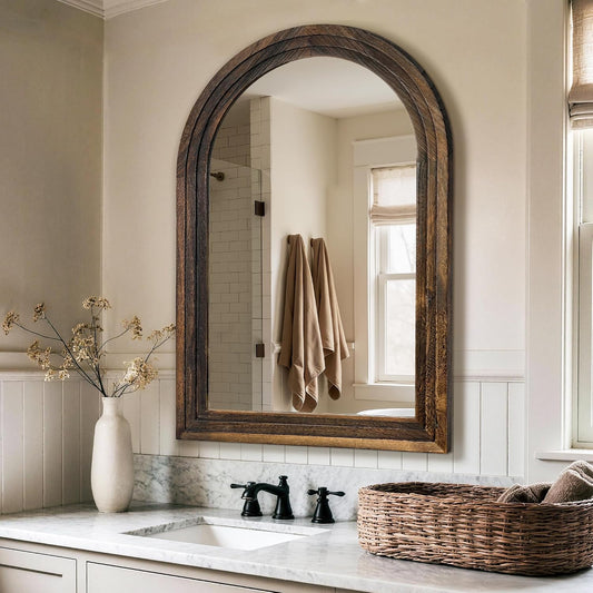 Arched Bathroom Mirror, 38"x26" Brown Wood Frame Wall Mirror