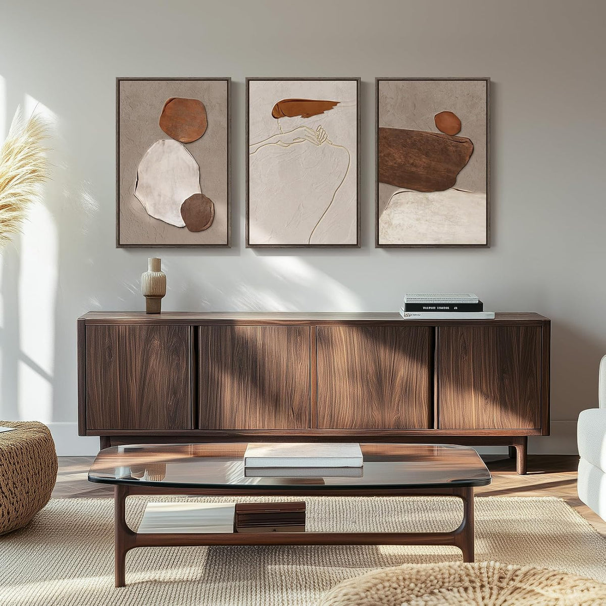 Framed Modern Rustic Neutral Abstract Wall Art, 3 Piece Set, Each 16x24 In