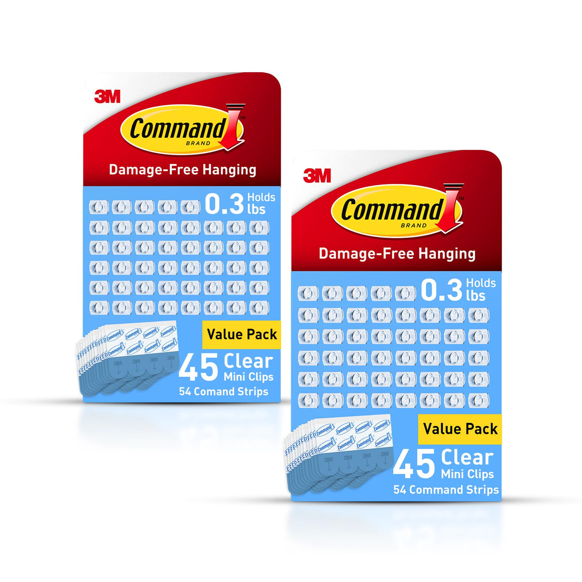 Command Clear Indoor Mini Light Clips Value Pack, 45 Clips, 54 Strips, Damage-Free String Light Hangers for Home, Room, Wall, Office, and Dorm Decor, Great for Cable Management, Holds up to 0.3 lb
