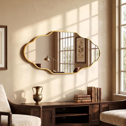 Scalloped Wall‑Mounted Bathroom Mirror, Vintage Framed Decorative Vanity Mirror for Bathroom Bedroom Living Room Wall Decor (Brushed Gold, 36" L x 20" W)