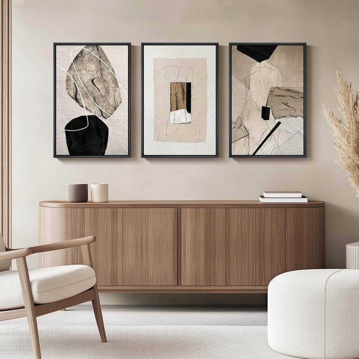 Framed Modern Minimalist Neutral Abstract Wall Art, Set of 3, Each 16x24 In