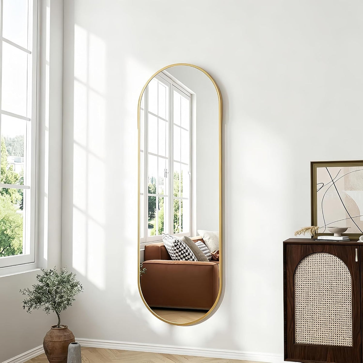 Dewfig 48"x16" Full Length Mirror, Oval Wall Mirror, Leather Strap, Gold