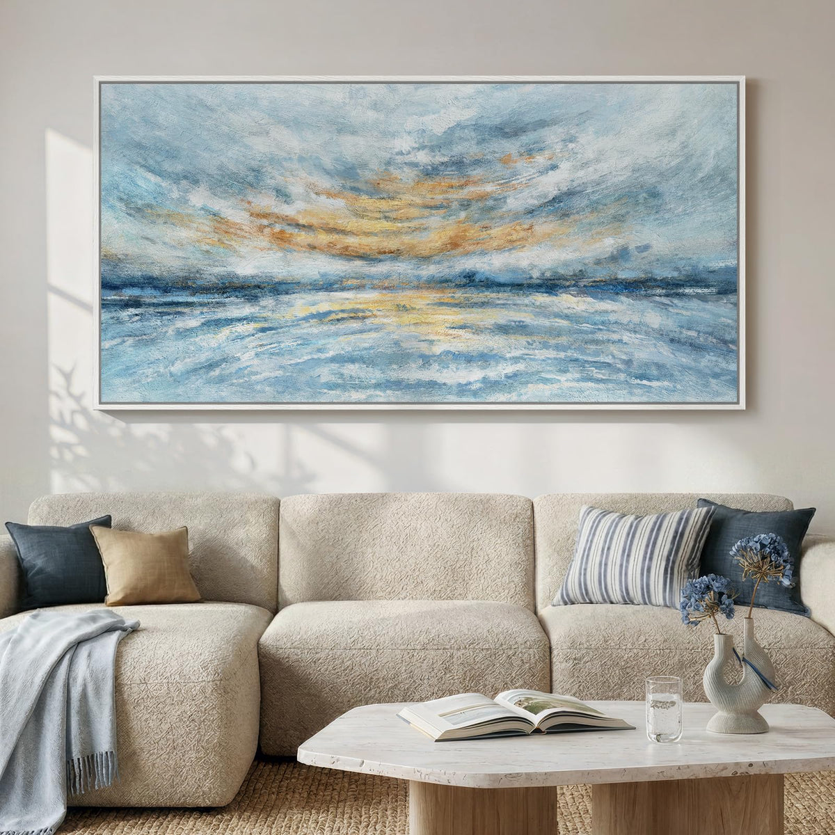 Large Framed Neutral Abstract Wall Art for Living Room, Horizontal 30x60 In