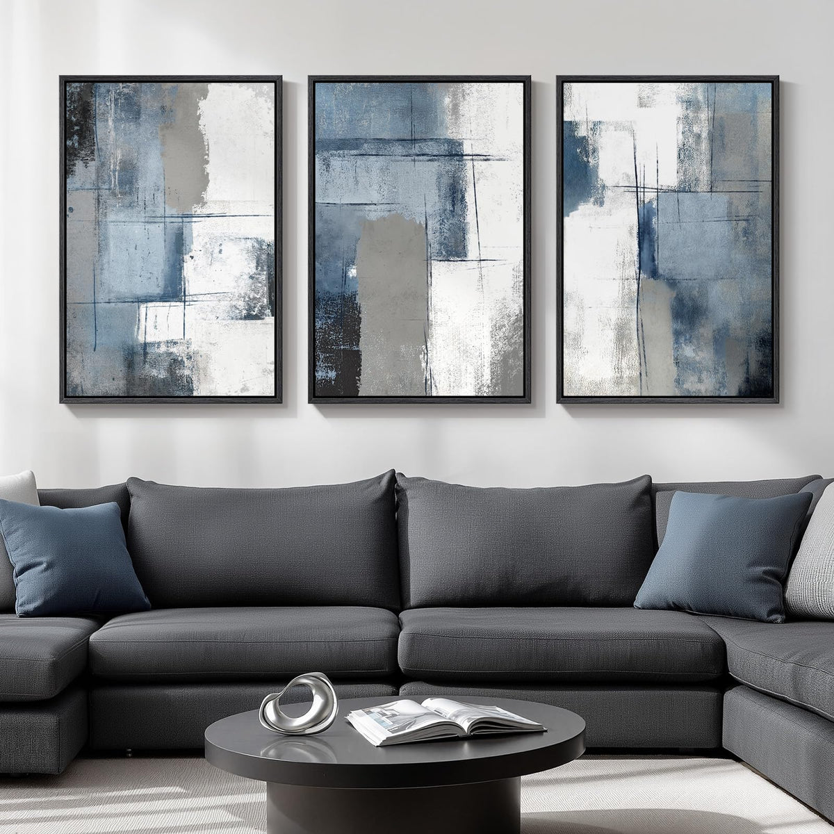 Large Framed Blue and Gray Abstract Wall Art for Living Room, 3 Piece 24x36