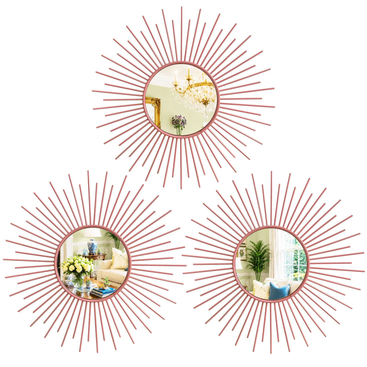 3 Pack Metal Mirrors for Wall Gold Sunburst Wall Mirror Home Decor Accent