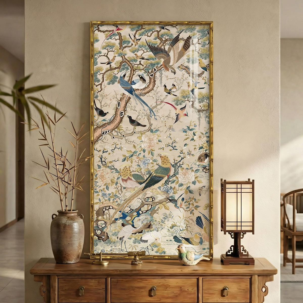 Vintage Gold Framed Chinoiserie Vertical Wall Art for Living Room, 20x40 In