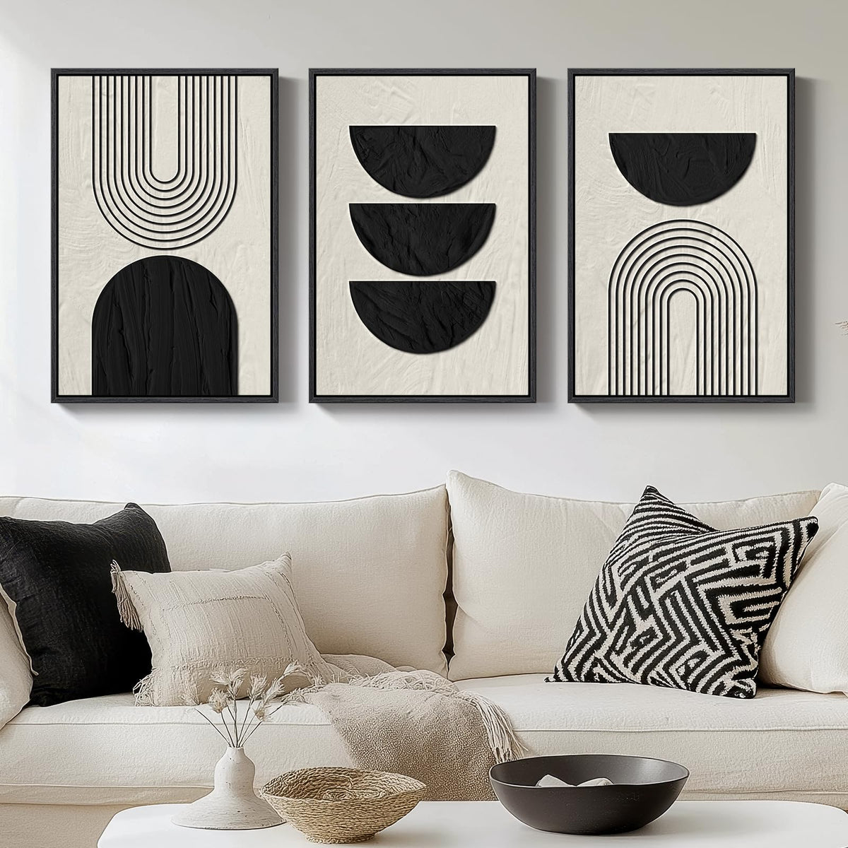 Large Framed Boho Black White Abstract Wall Art for Living Room, 24x36 In