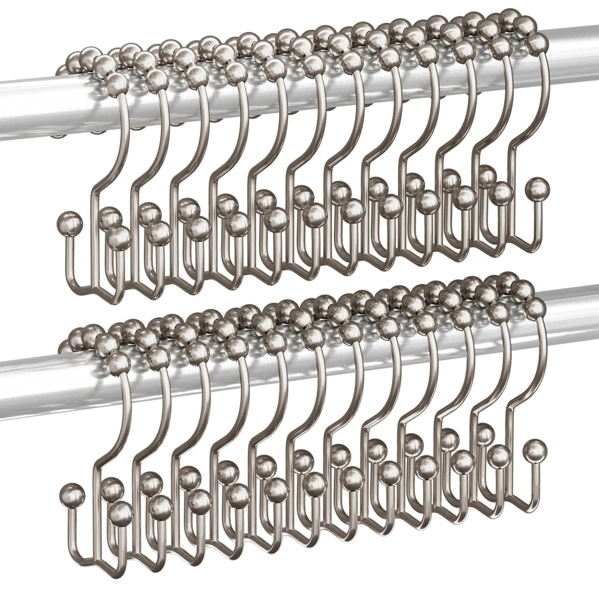 Titanker Shower Curtain Hooks Rings, Rust Resistant Metal Double Glide Shower Hooks Rings for Bathroom Shower Rods Curtains, Set of 12 Hooks - Nickel