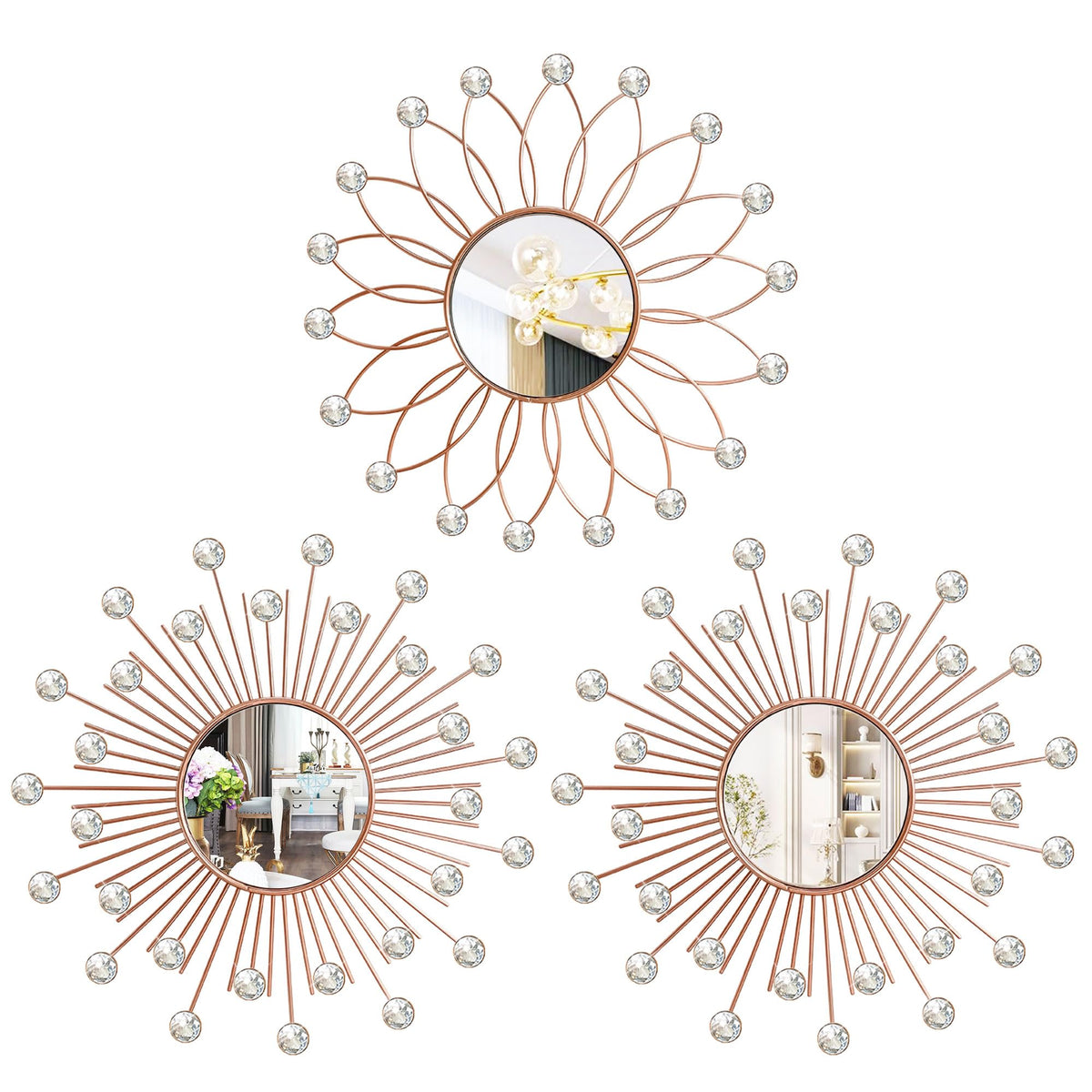 3 Pack Metal Mirrors for Wall Gold Sunburst Wall Mirror Home Decor Accent
