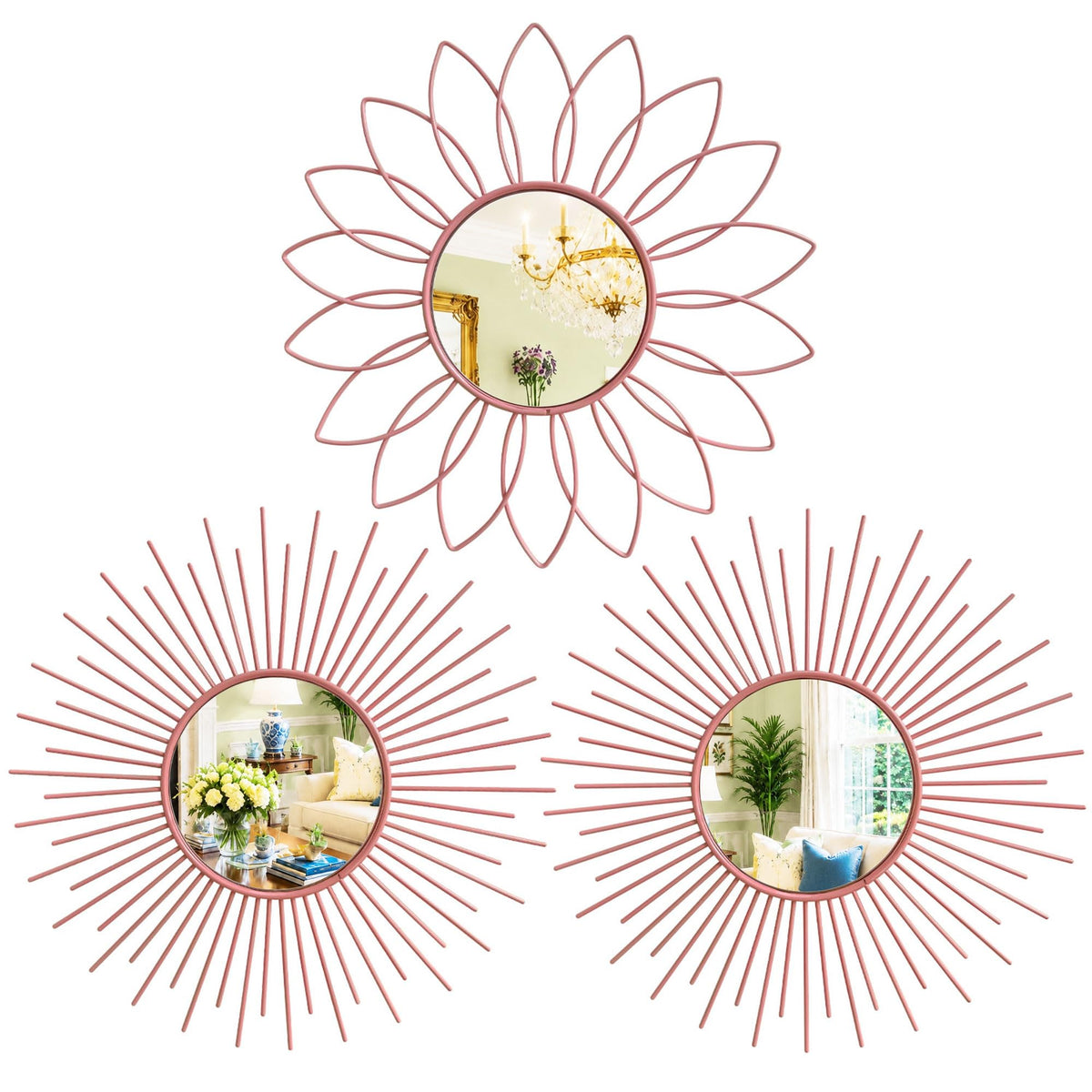 3 Pack Metal Mirrors for Wall Gold Sunburst Wall Mirror Home Decor Accent