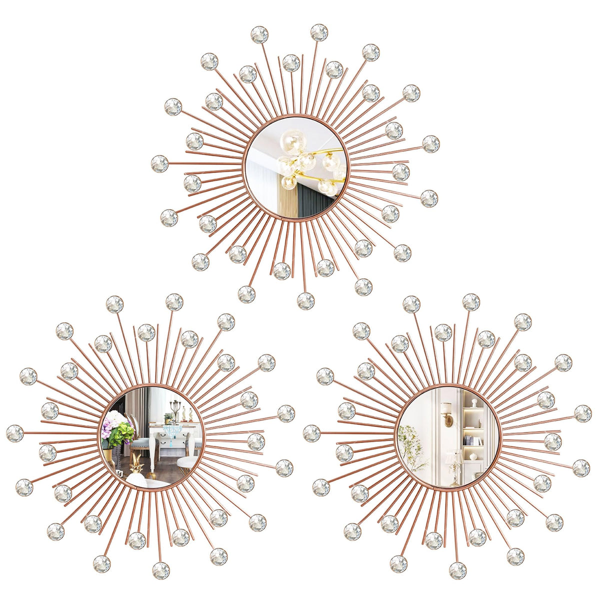 3 Pack Metal Mirrors for Wall Gold Sunburst Wall Mirror Home Decor Accent