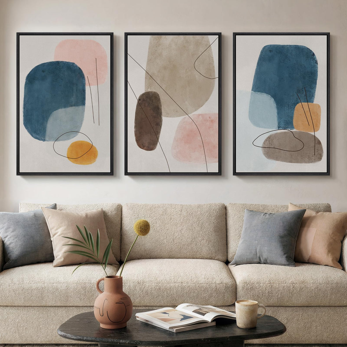 Framed Modern Rustic Neutral Abstract Wall Art, 3 Piece Set, Each 16x24 In