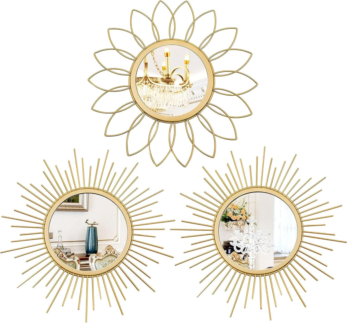3 Pack Metal Mirrors for Wall Gold Sunburst Wall Mirror Home Decor Accent