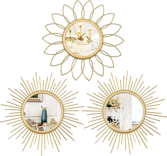 3 Pack Metal Mirrors for Wall Gold Sunburst Wall Mirror Home Decor Accent