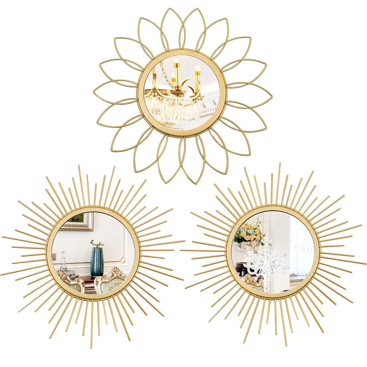 3 Pack Metal Mirrors for Wall Gold Sunburst Wall Mirror Home Decor Accent