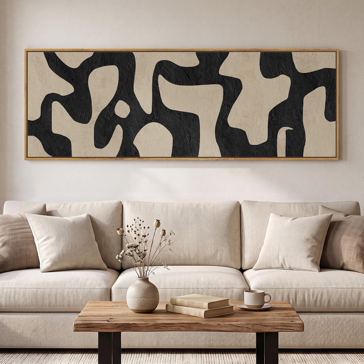 Large Framed Neutral Abstract Wall Art for Living Room, Horizontal 30x60 In