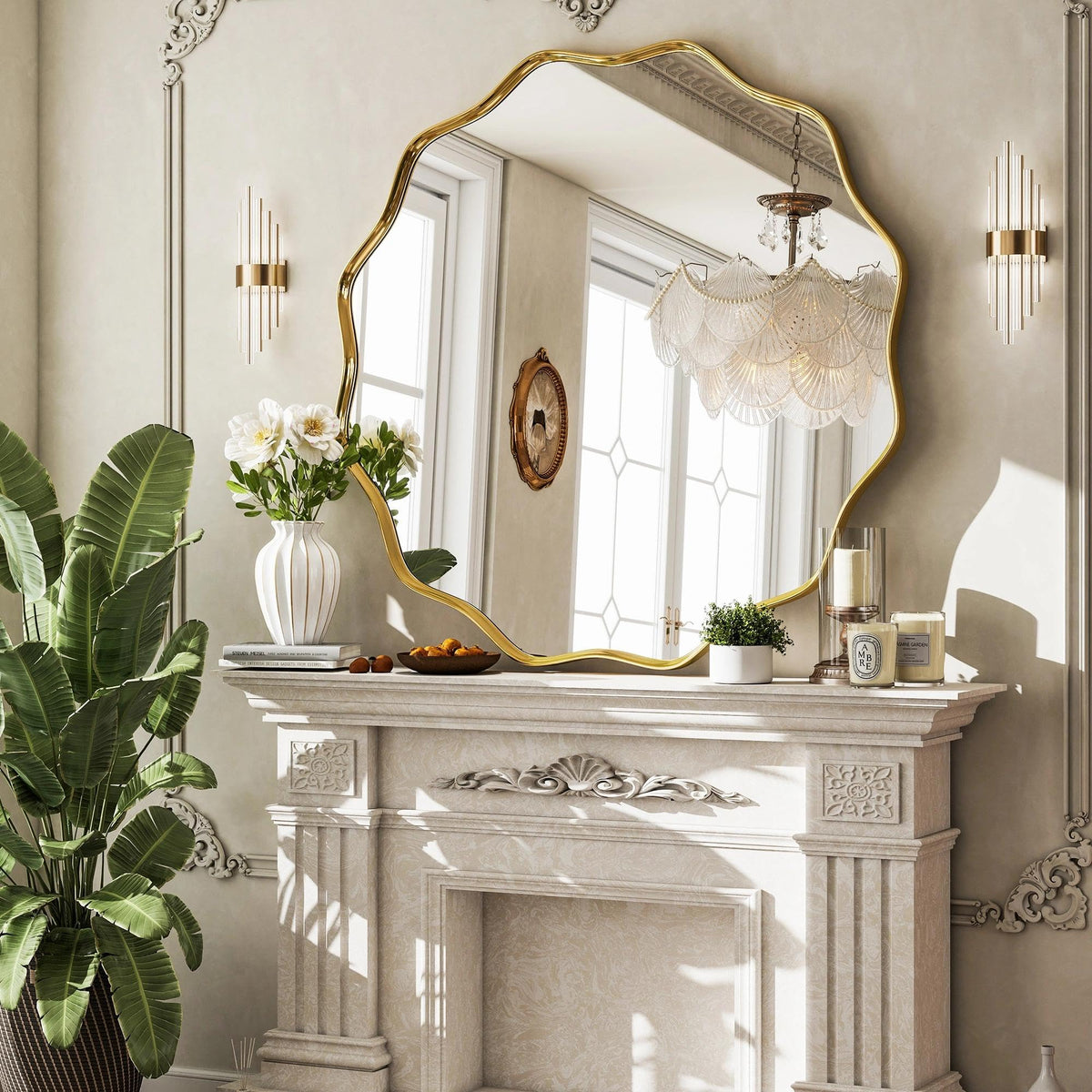 VooBang Gold Scalloped Circle Mirror, 24" Wavy Edge Round Wall Mirror