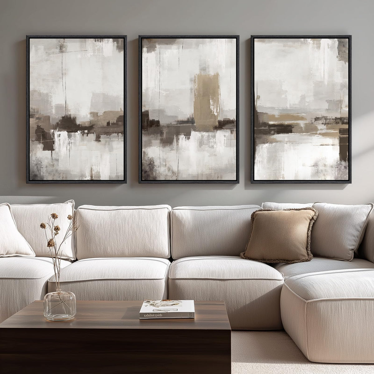 Framed Modern Minimalist Neutral Abstract Wall Art, Set of 3, Each 16x24 In