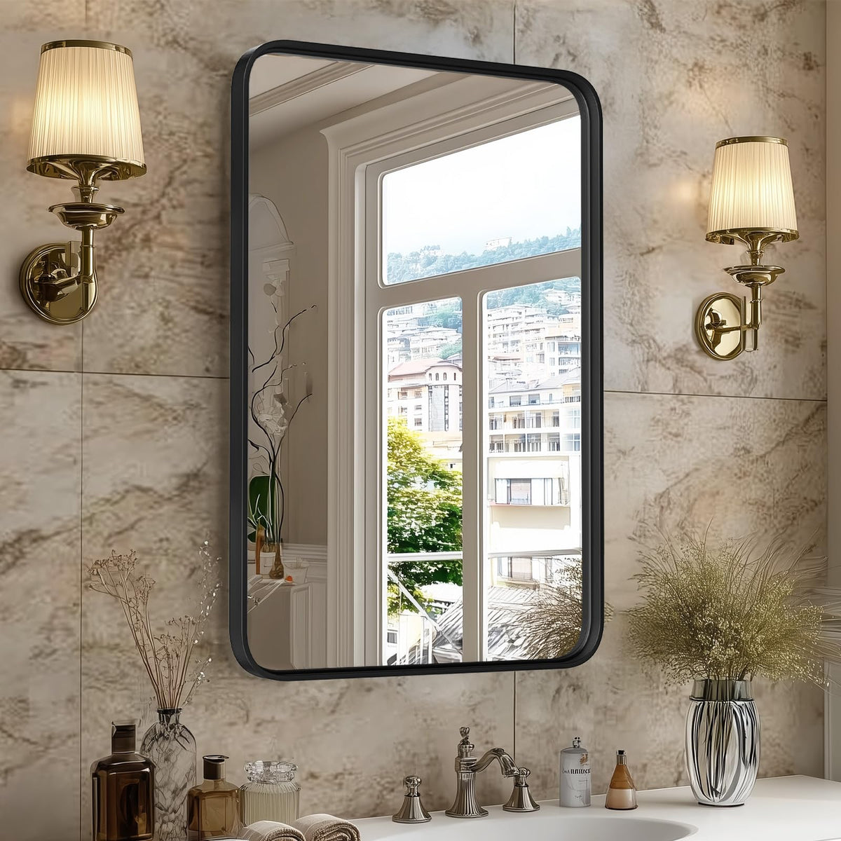 Sweetcrispy 26.5"x38" Arched Black Bathroom Mirrors for Wall, Bathroom Mirrors for Over Sink, Metal Framed with HD Shatter-Proof Glass for Entryway, Living Room, Bedroom, Home Decor