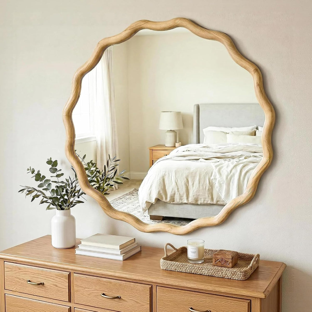 FICTOR Round Wood Wall Mirror, 36" Boho Wavy Circle Mirror