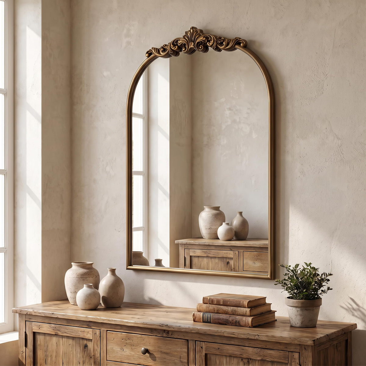 Antique Gold Arched Wall Mirror, 36" x 28" Beaded Mirror