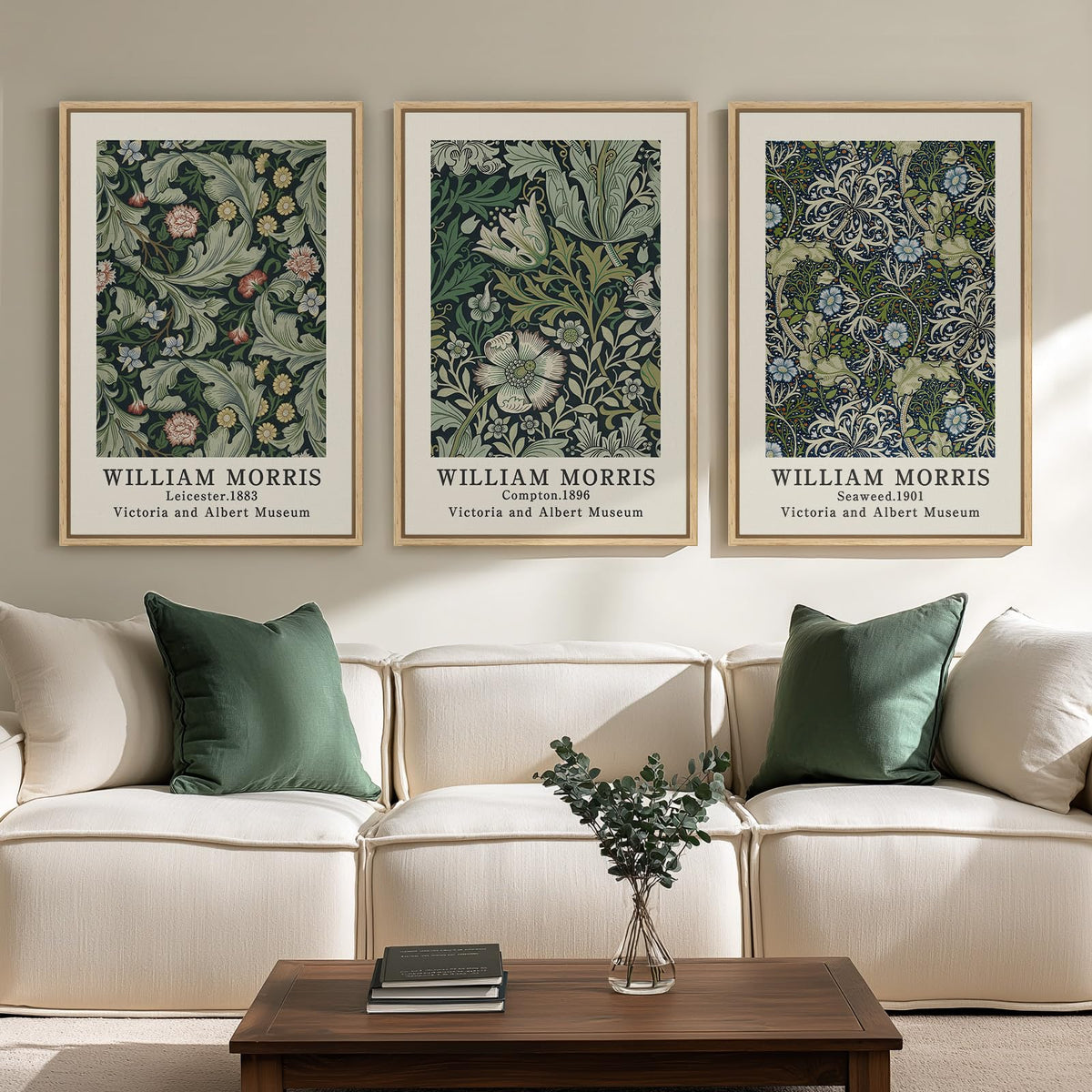 Framed Vintage William Morris Boho Canvas Wall Art for Living Room, 3 Piece