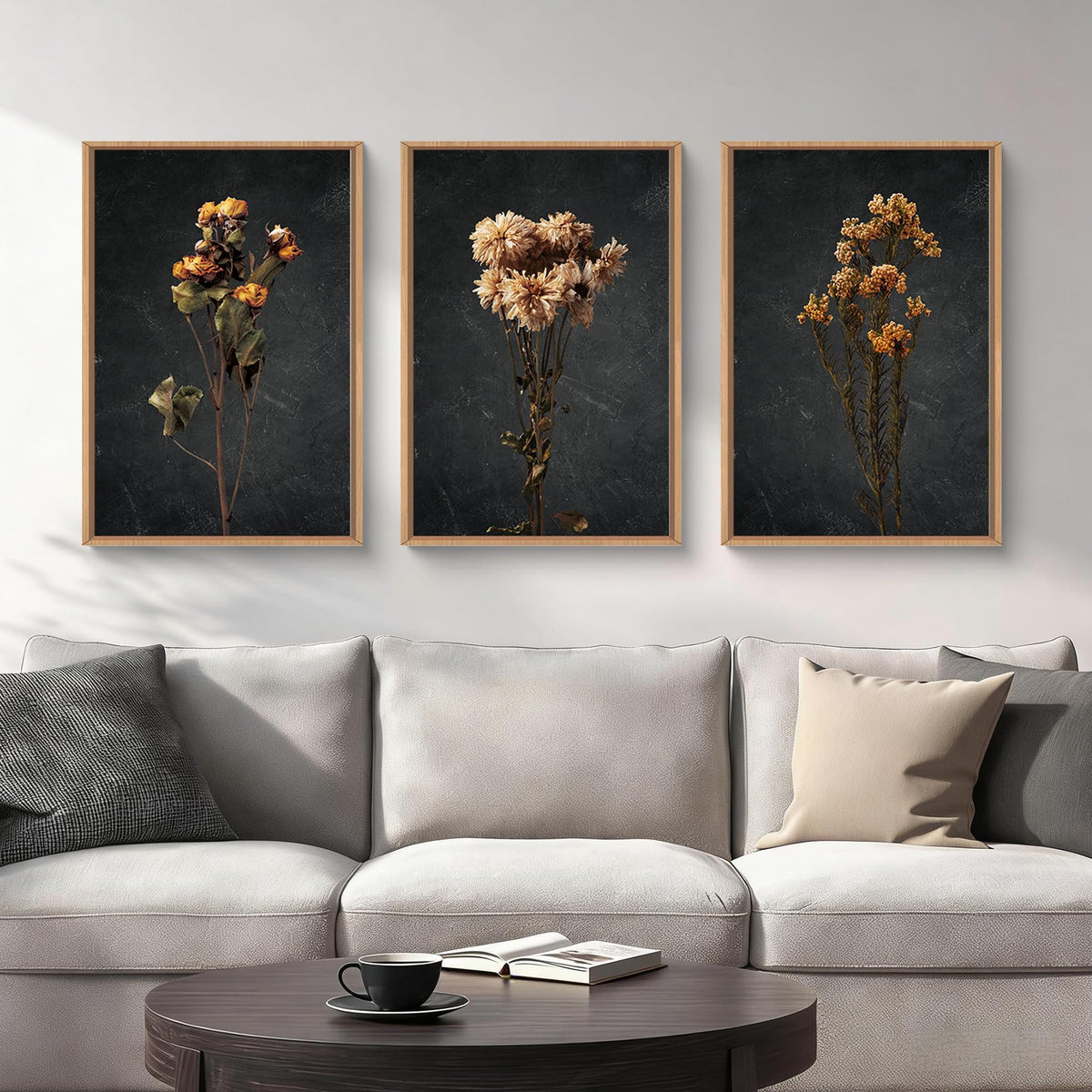 HOURIA Blue White Abstract Neutral Framed Canvas Wall Art Set- 16"x24"x3