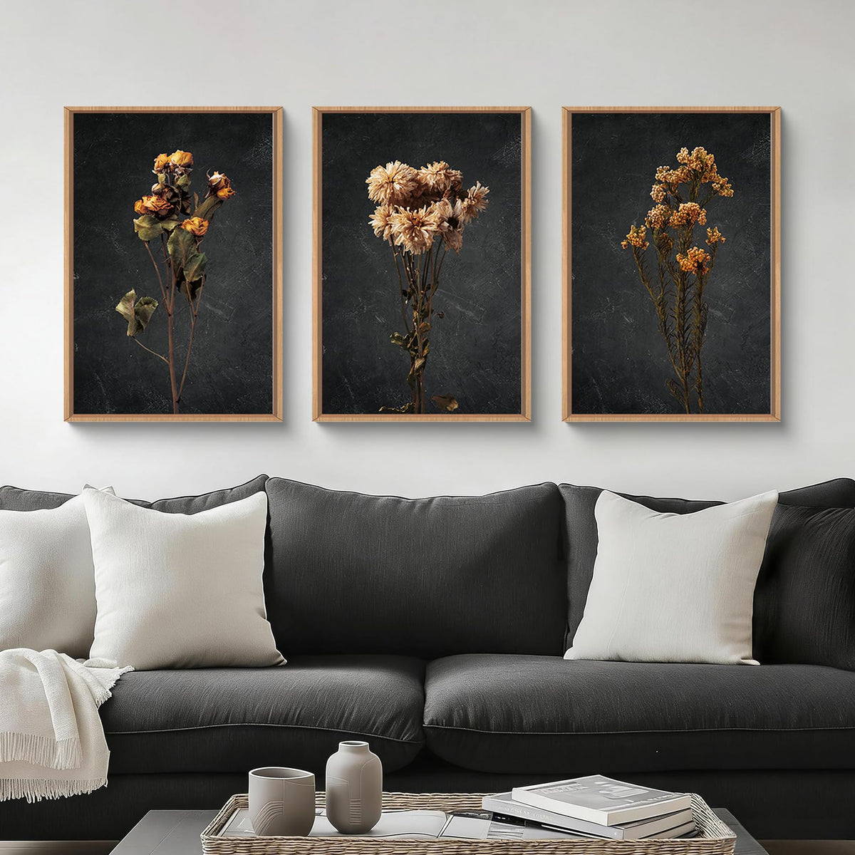 HOURIA Blue White Abstract Neutral Framed Canvas Wall Art Set- 16"x24"x3