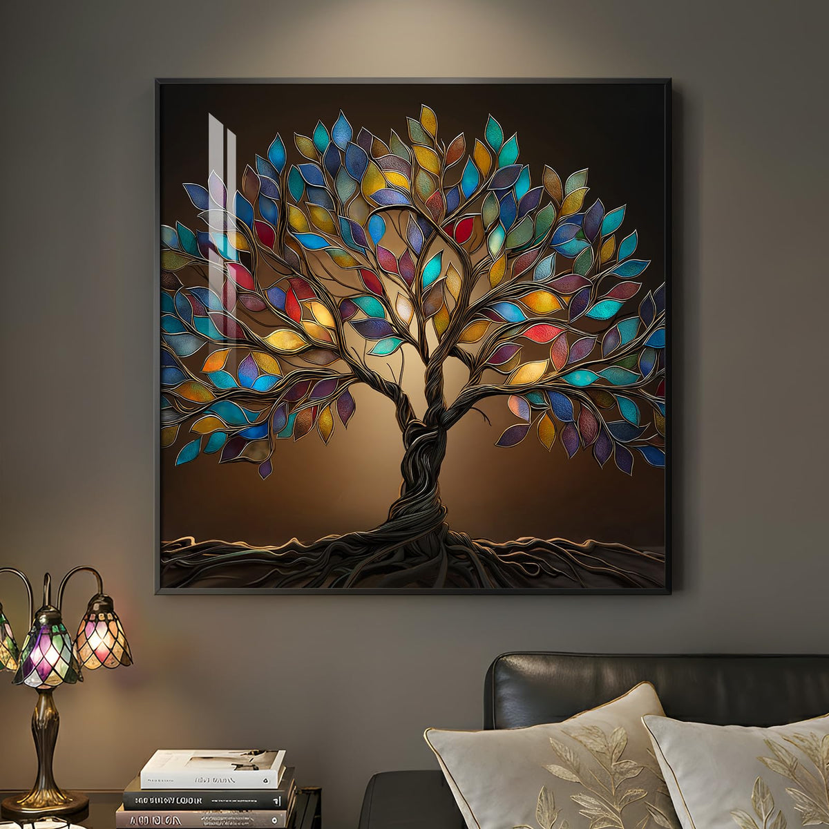 Framed Vintage Neutral Tree of Life Wall Art for Living Room, 20x40 In