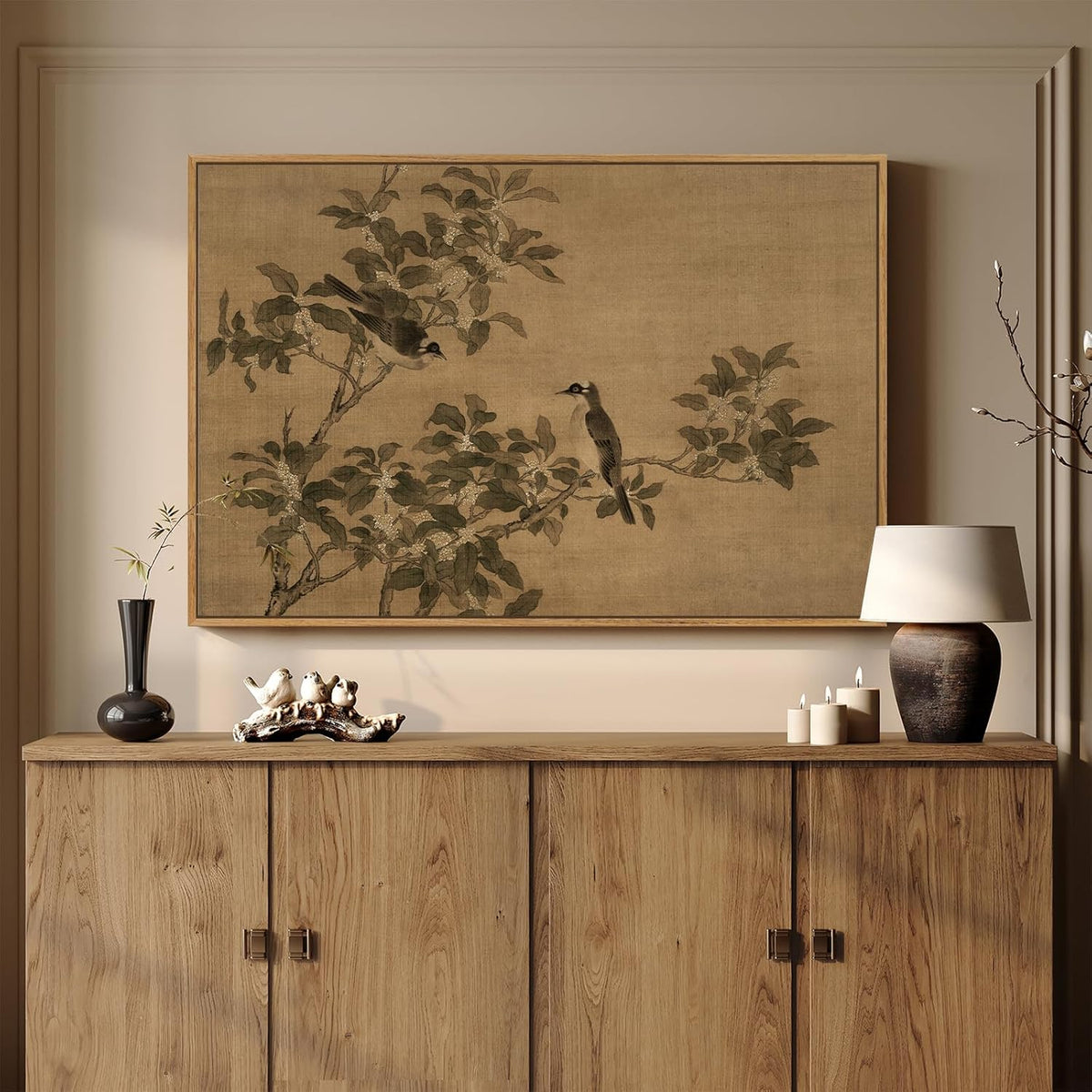 Framed Vintage Neutral Rustic Botanical Bird Chinoiserie wall art, 24x36 In