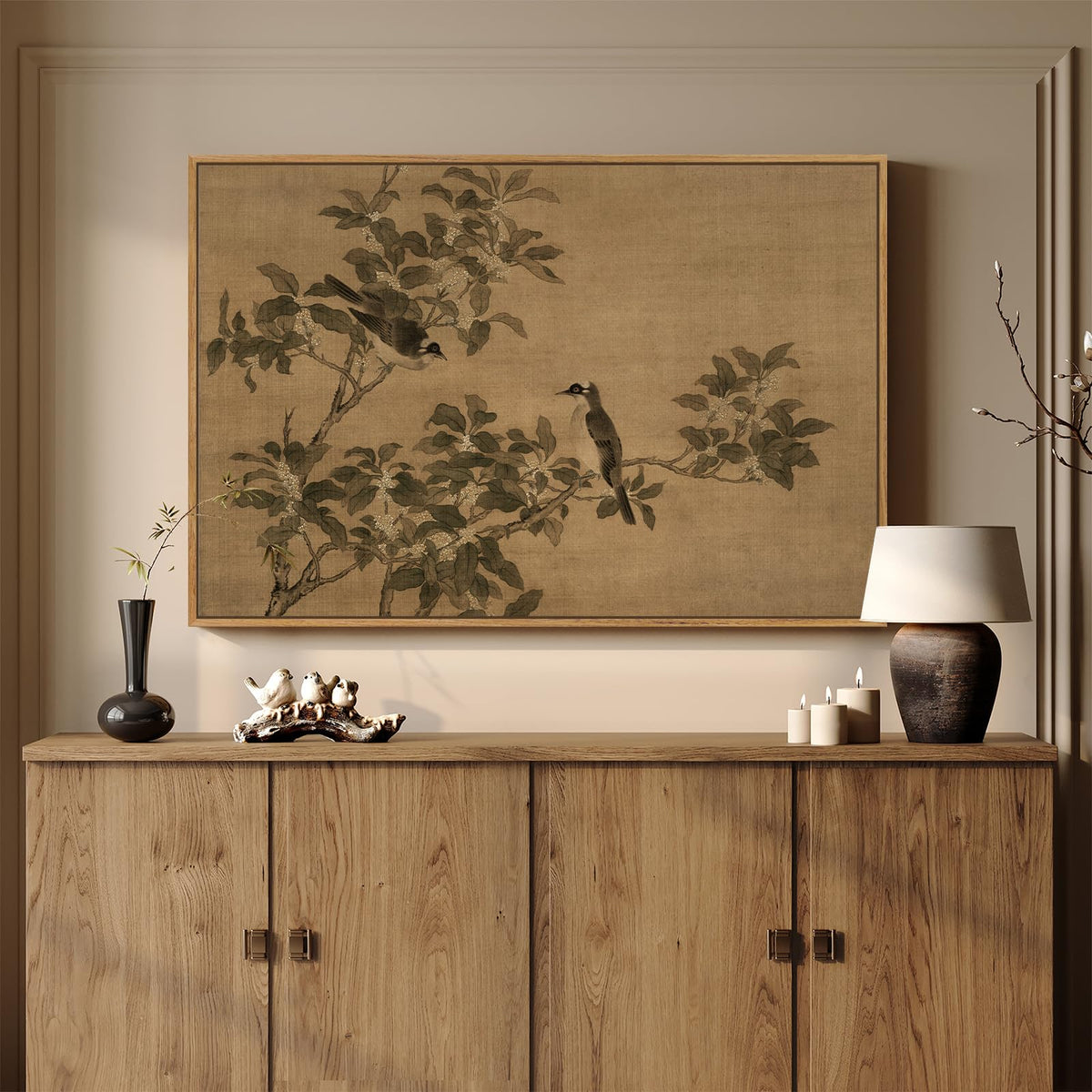 Framed Vintage Neutral Rustic Botanical Bird Chinoiserie wall art, 24x36 In