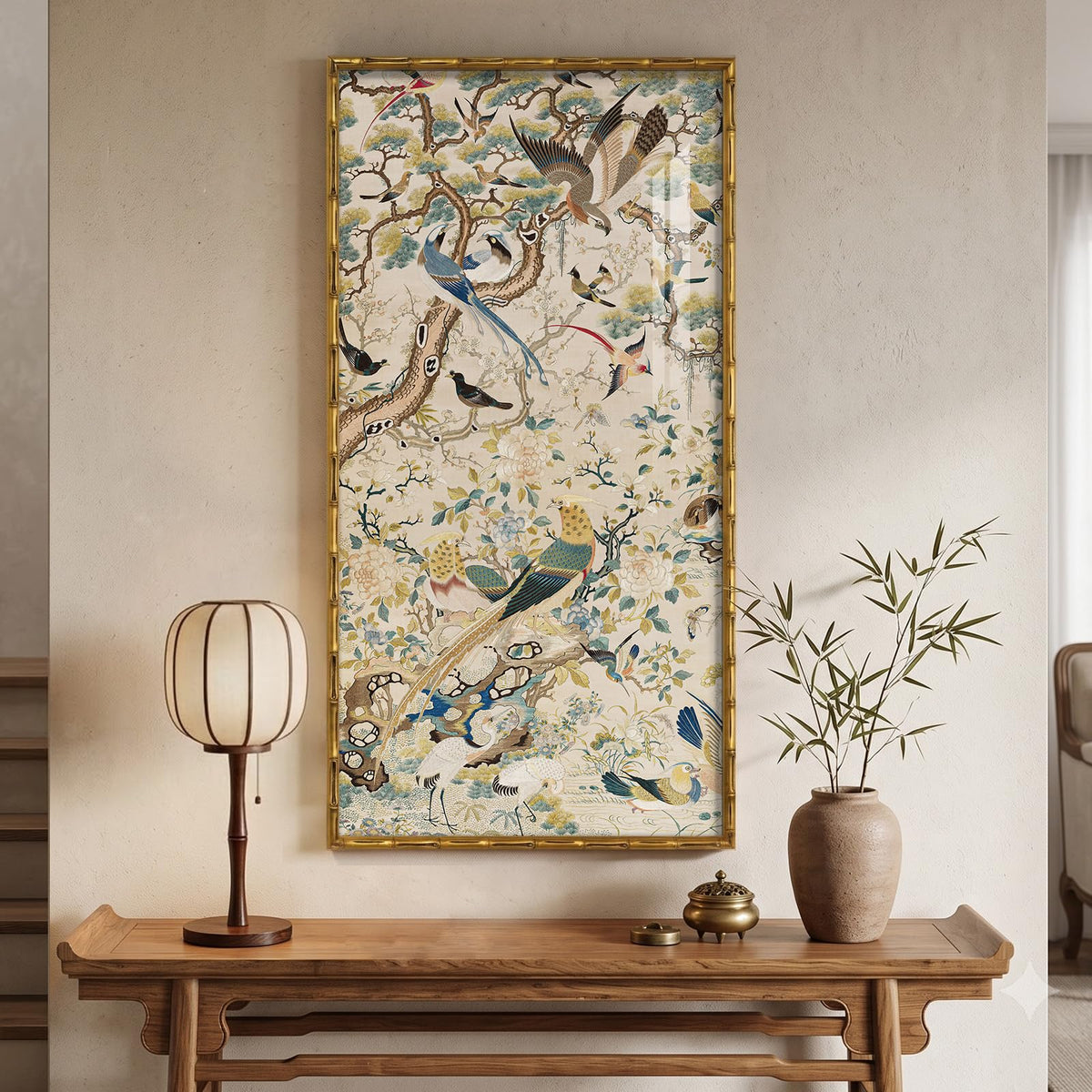 Vintage Gold Framed Chinoiserie Vertical Wall Art for Living Room, 20x40 In