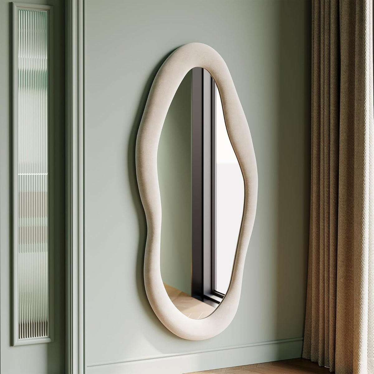 Honyee 55" x 24" Wall Mirror, Flannel Wrapped Wooden Frame Wavy Mirror, Irregular Mirror Hanging for Cloakroom/Bedroom/Living Room, Ivory White