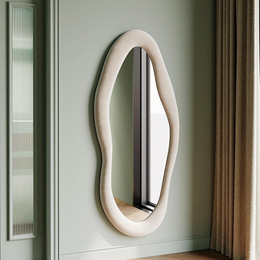 Honyee 55" x 24" Wall Mirror, Flannel Wrapped Wooden Frame Wavy Mirror, Irregular Mirror Hanging for Cloakroom/Bedroom/Living Room, Ivory White