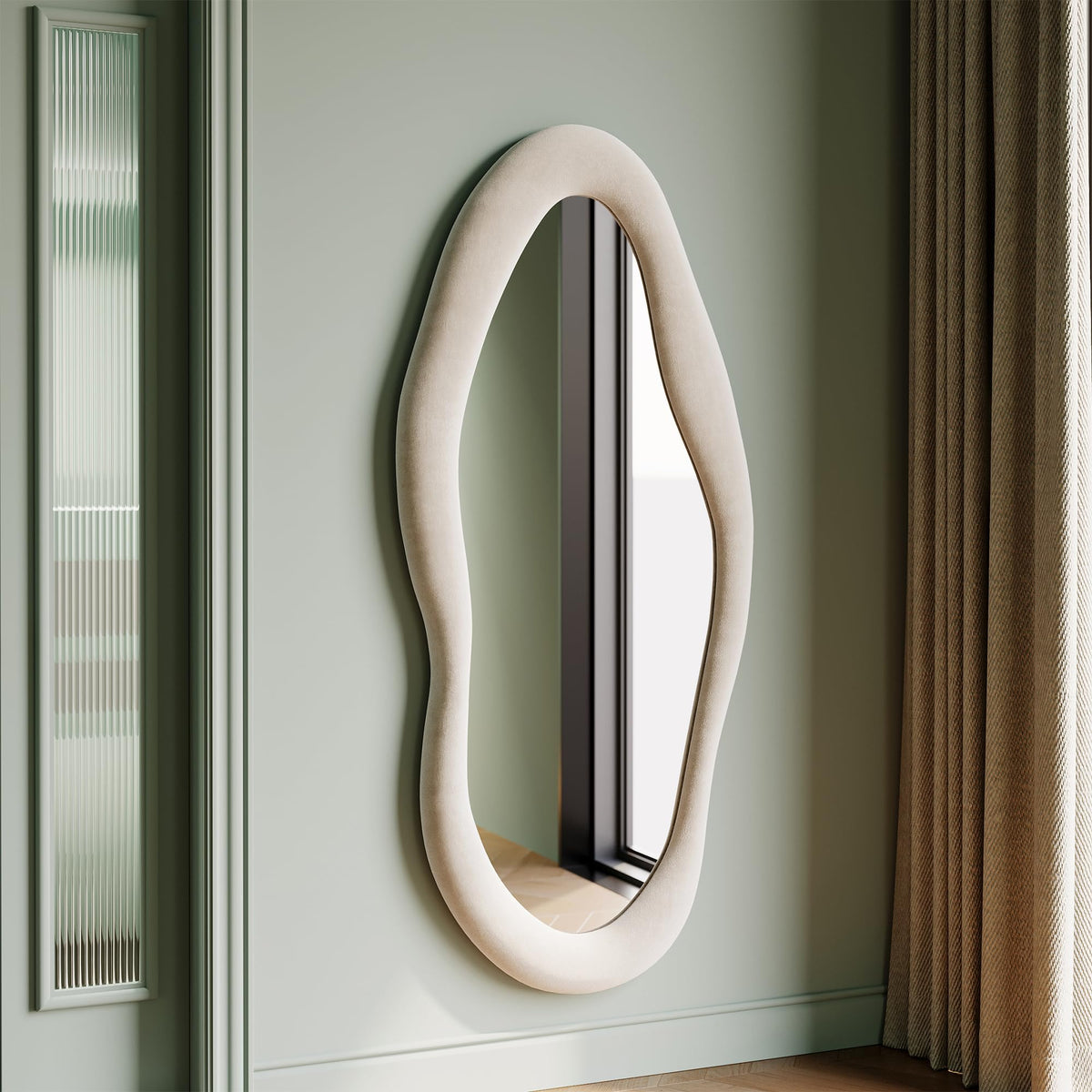Honyee 55" x 24" Wall Mirror, Flannel Wrapped Wooden Frame Wavy Mirror, Irregular Mirror Hanging for Cloakroom/Bedroom/Living Room, Ivory White