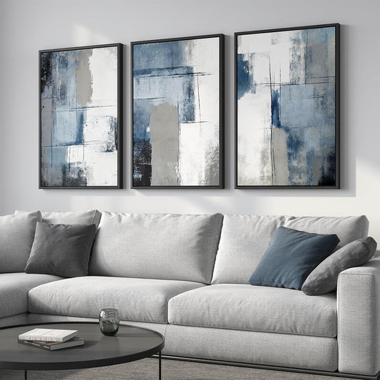 Large Framed Blue and Gray Abstract Wall Art for Living Room, 3 Piece 24x36