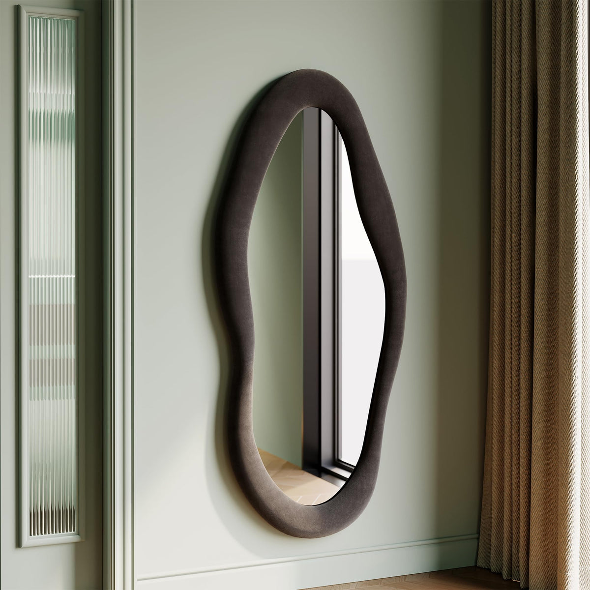 Honyee 55" x 24" Wall Mirror, Flannel Wrapped Wooden Frame Wavy Mirror, Irregular Mirror Hanging for Cloakroom/Bedroom/Living Room, Ivory White