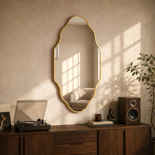 Scalloped Wall‑Mounted Bathroom Mirror, Vintage Framed Decorative Vanity Mirror for Bathroom Bedroom Living Room Wall Decor (Brushed Gold, 36" L x 20" W)