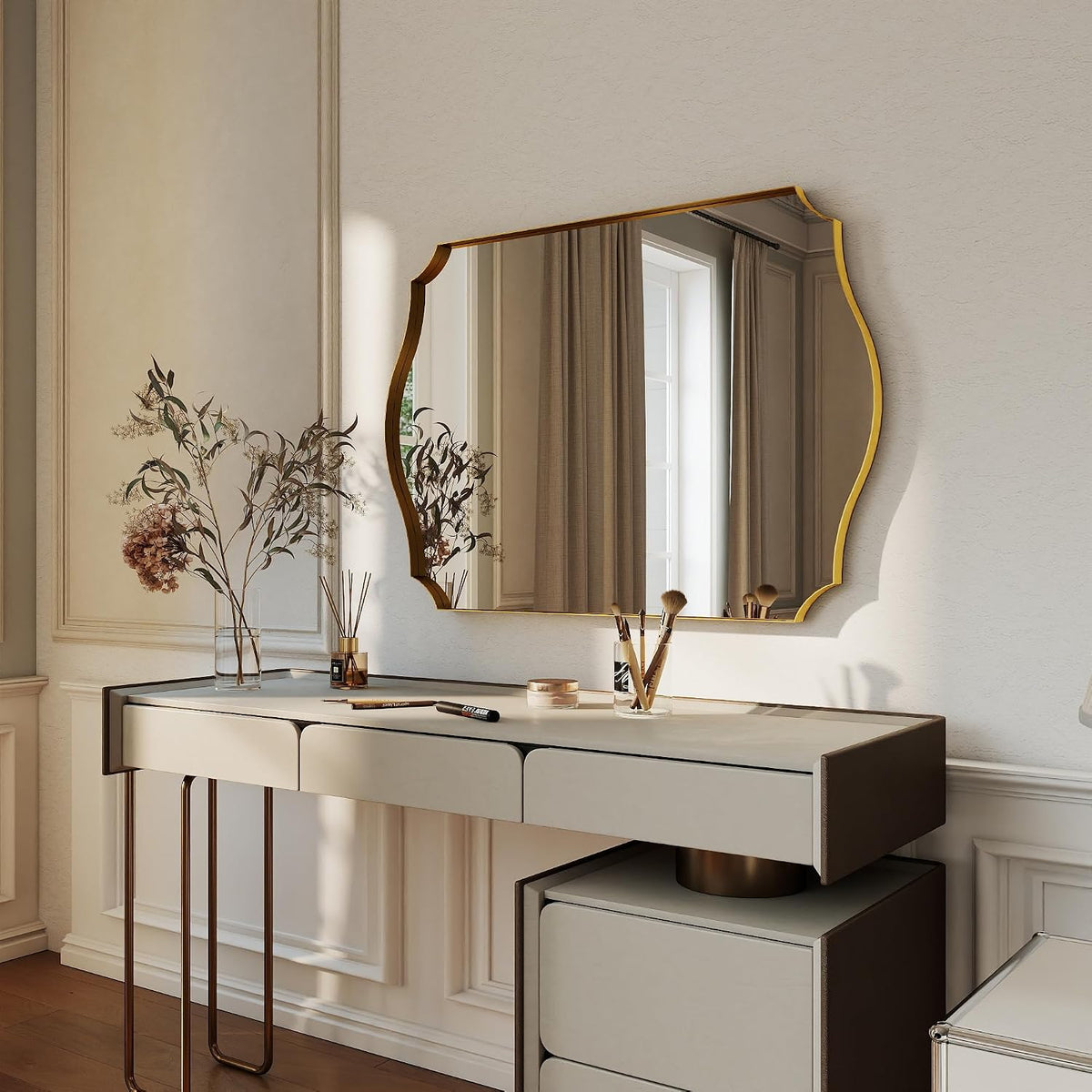 Gold Vanity Wall Mirror 30"x22", Scalloped Edge Bathroom Mirror