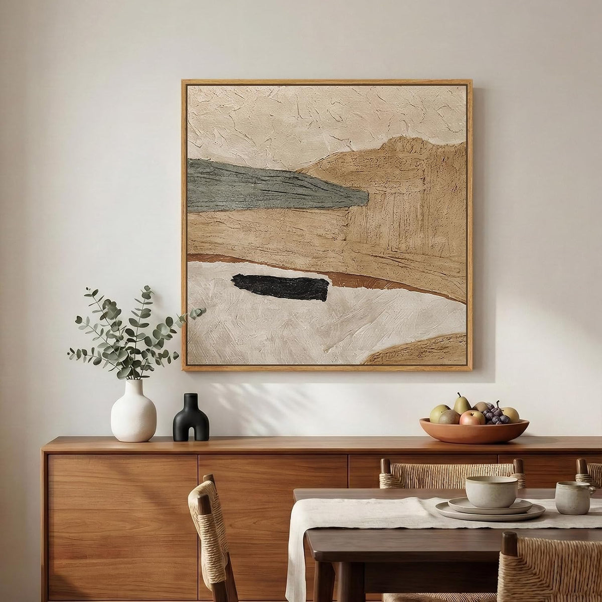 Framed Neutral Organic Abstract Canvas Wall Art for Dining Room, 30x30 Inch