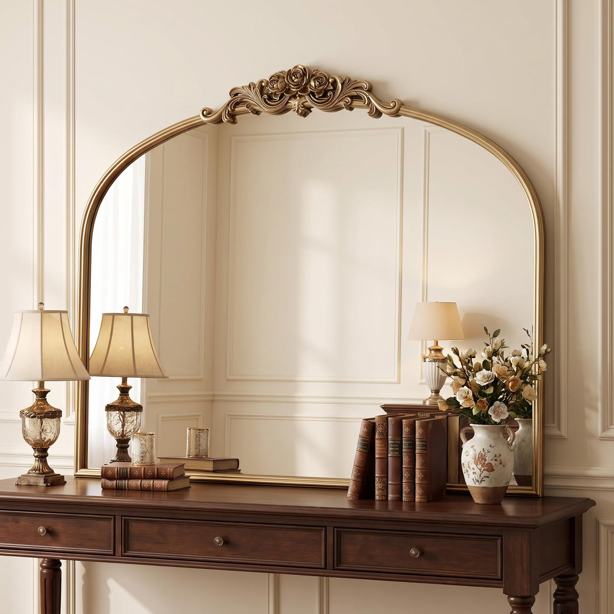 Antique Gold Arched Wall Mirror, 36" x 28" Beaded Mirror
