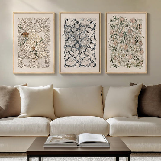 Framed Vintage William Morris Boho Canvas Wall Art for Living Room, 3 Piece