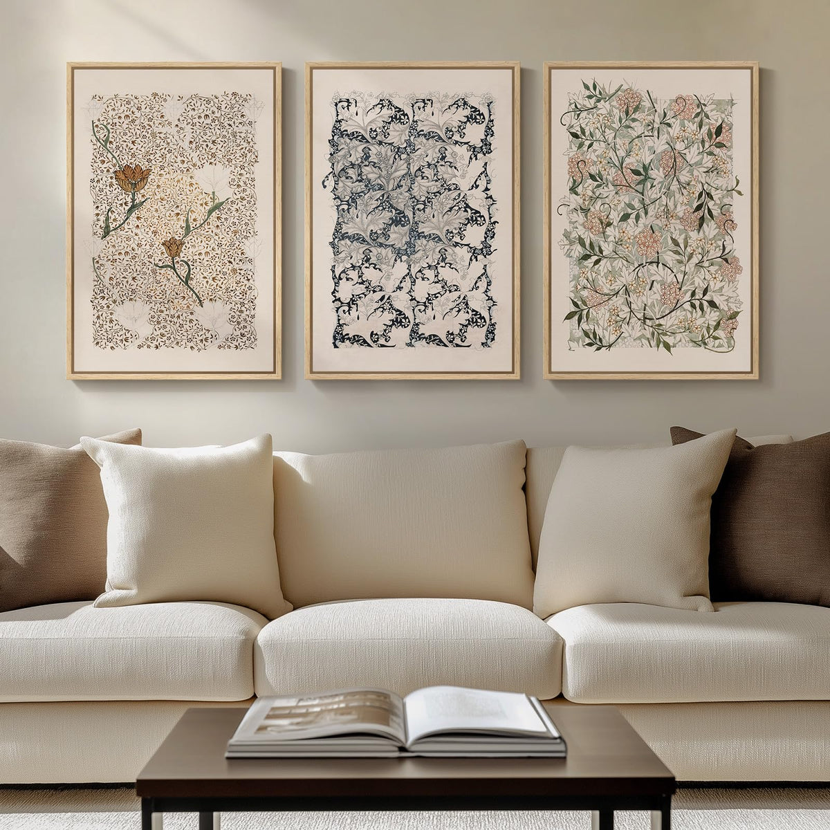 Framed Vintage William Morris Boho Canvas Wall Art for Living Room, 3 Piece