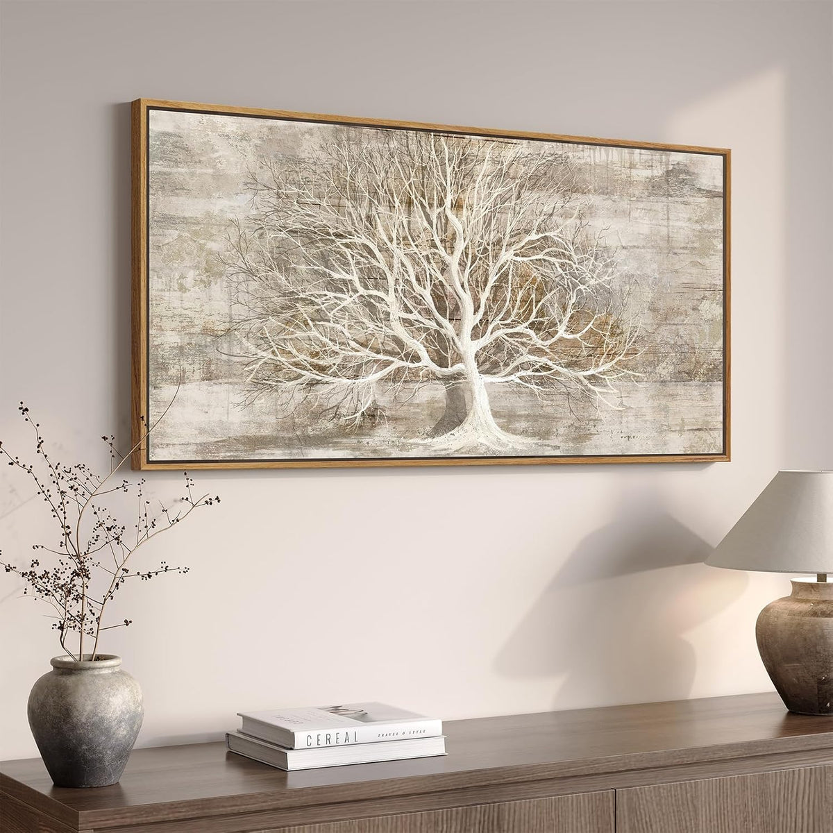 Framed Vintage Neutral Tree of Life Wall Art for Living Room, 20x40 In